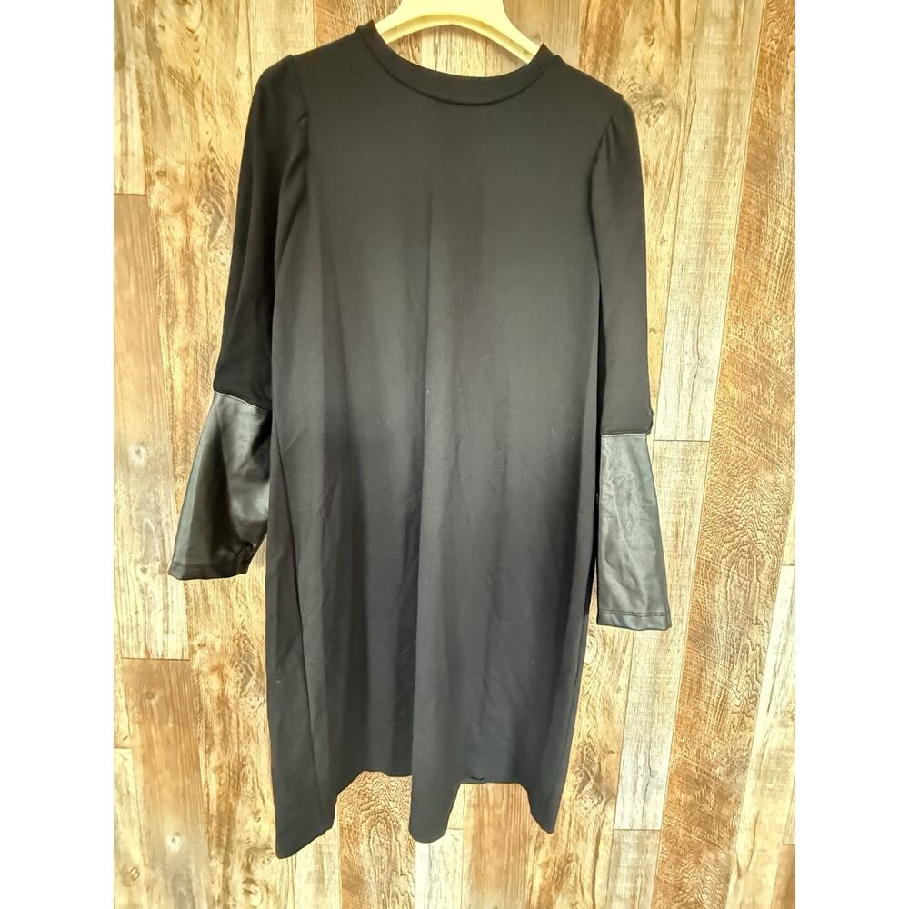 Nine West Sz 14 Black Shift Dress Faux Leather Sleeve 3/4 Sleeve Knee Length